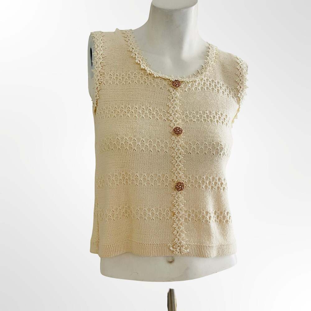 Sandy Cream Knitted Button-Down Openwork Sleeveless Top Vest